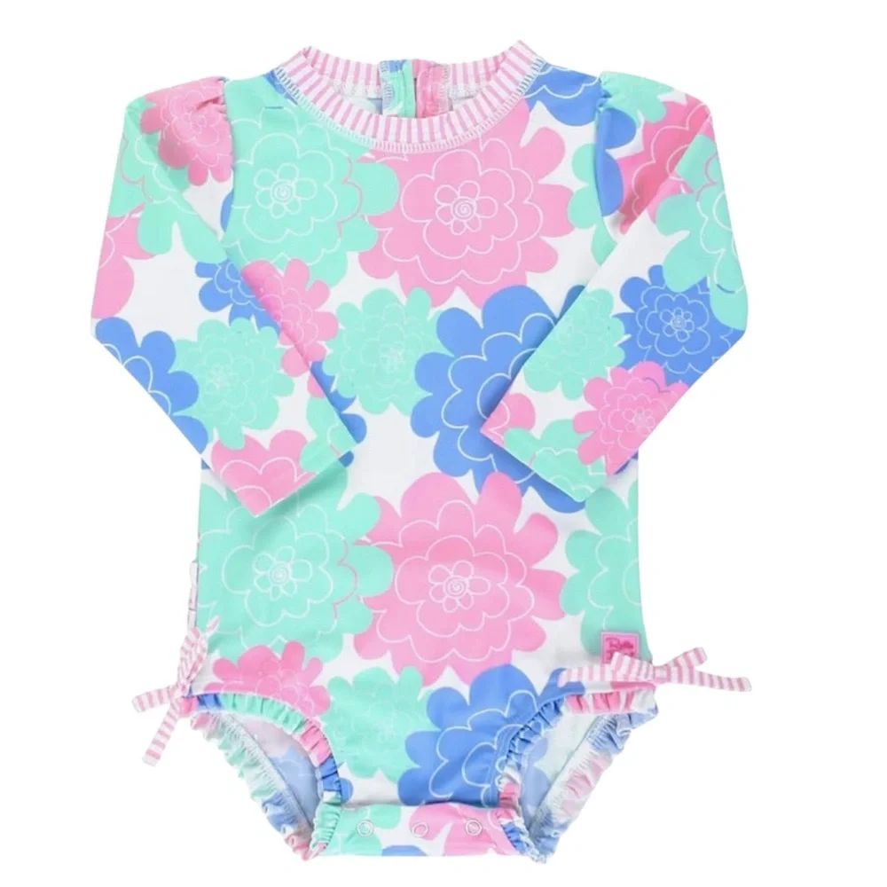 RuffleButts Baby UPF50+ Floral Printed Long Sleeve One Piece Rash Guard, 2T, NWT